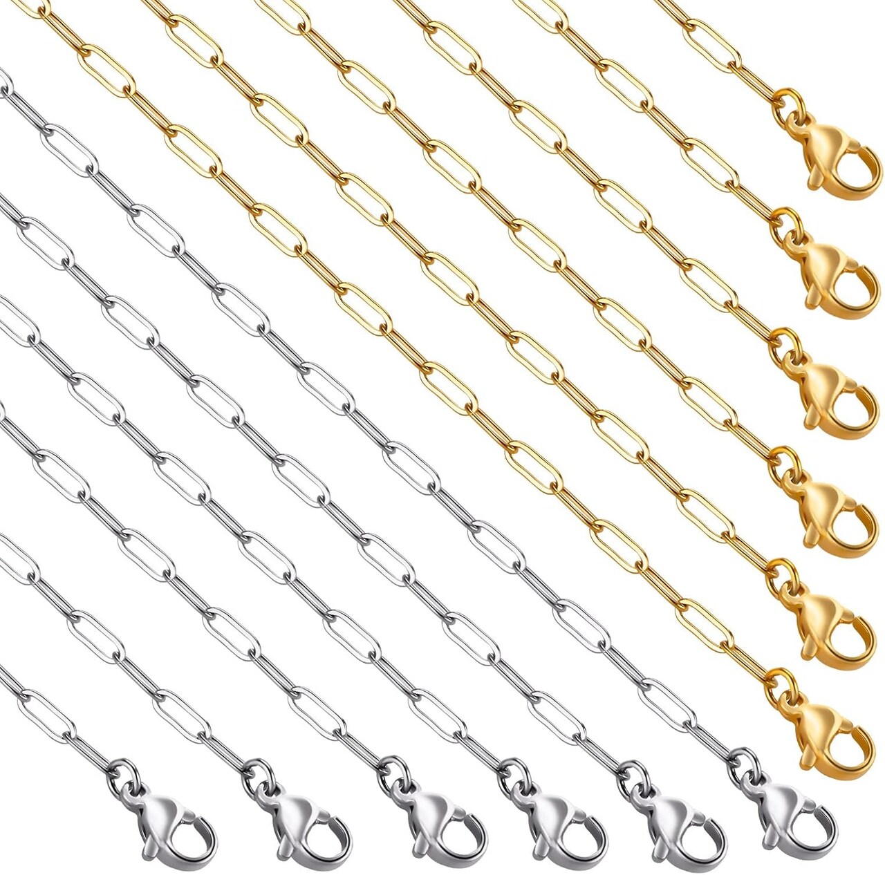 12Pcs Gold and Silver Paperclip Chains for Jewelry Making 16 Inch Stainless Steel Chain Bulk for Women and Men